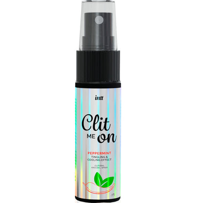 Flacone da 12 ml di INTT RELEASES Clit Me On Peppermin, spray stimolante per donna, con aroma di menta, visibile nella confezione