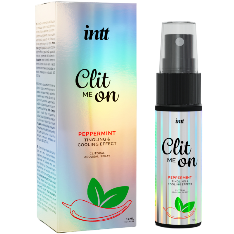 Flacone di INTT RELEASES Clit Me On Peppermin da 12 ml, prodotto per la stimolazione, con etichetta e tappo visibili.