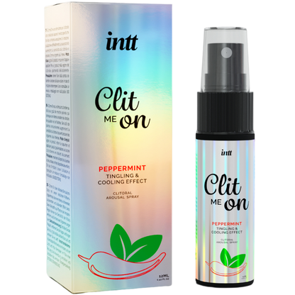 Flacone di INTT RELEASES Clit Me On Peppermin da 12 ml, prodotto per la stimolazione, con etichetta e tappo visibili.