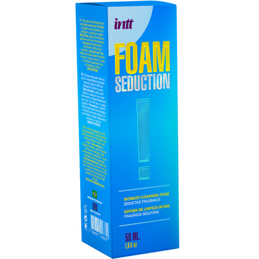 Schiuma detergente intima INTT RELEASES Foam Seduction, flacone da 50 ml con confezione e dettagli del prodotto.