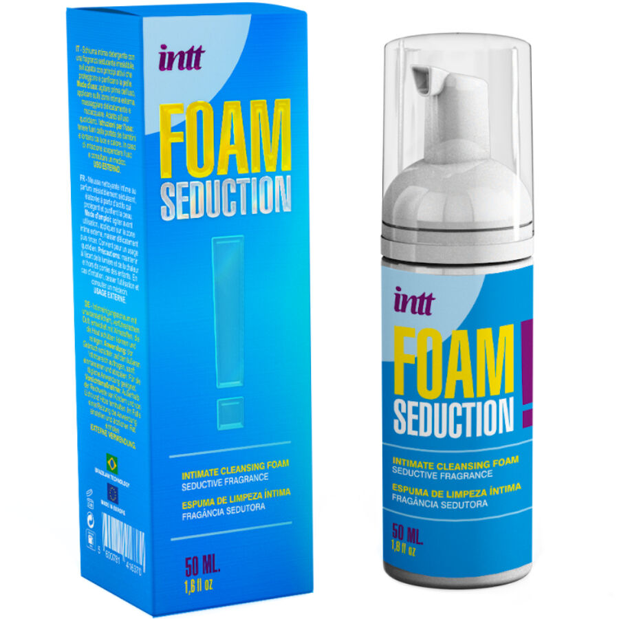 Schiuma detergente intima INTT RELEASES Foam Seduction da 50 ml, flacone bianco con etichetta colorata e tappo.