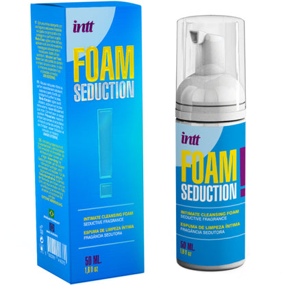 Schiuma detergente intima INTT RELEASES Foam Seduction da 50 ml, flacone bianco con etichetta colorata e tappo.