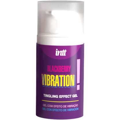 Gel liquido vibrante al gusto mora di INTT RELEASES, 15 ml, con confezione visibile e dettaglio della bottiglia.