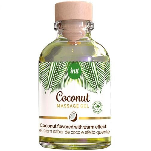 Gel da massaggio vegano INTT VEGAN LINE al gusto di cocco con effetto riscaldante, contenitore e etichetta visibile nell'immagine.
