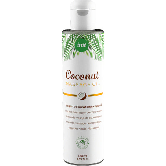 Olio da massaggio vegano INTT VEGAN LINE con aroma dolce e rilassante al gusto di cocco, bottiglia con etichetta bianca e blu