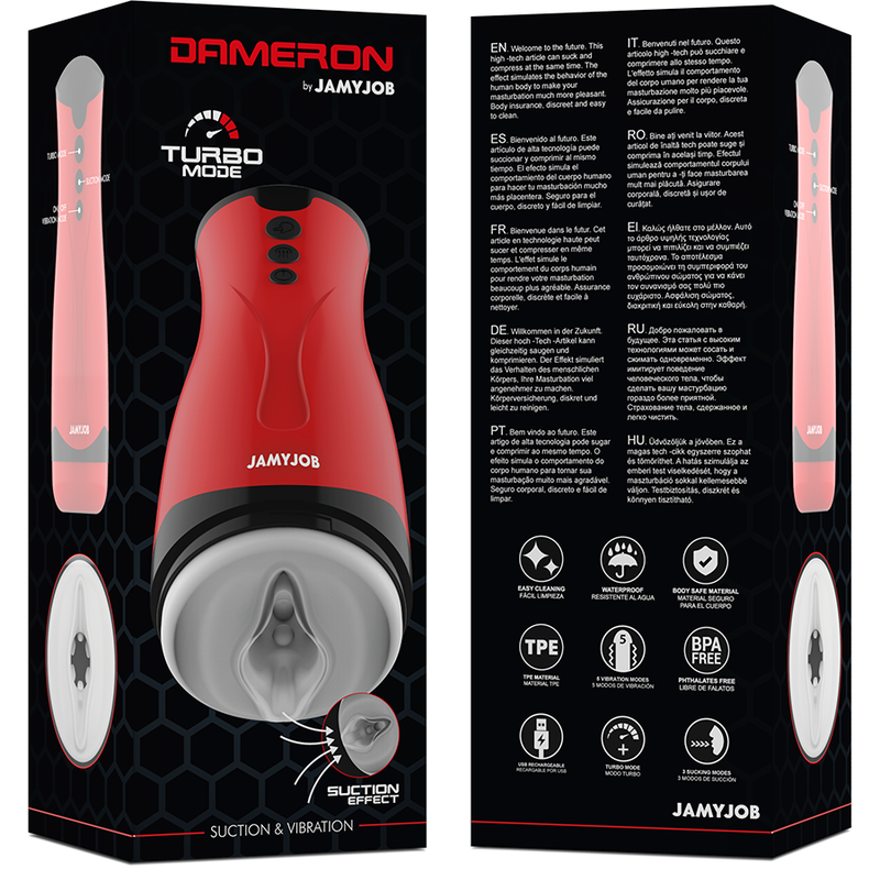 Masturbatore Dameron JAMYJOB con aspirazione e vibrazione, dettagli realistici e design ergonomico, in materiale morbido e resistente