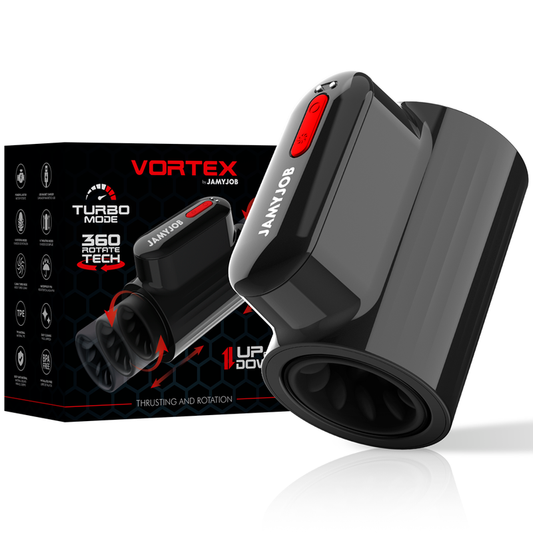Masturbatore JAMYJOB in modalità turbo con spinta a vortex e rotazione a 360 gradi, dettagli visibili sulla superficie e design.