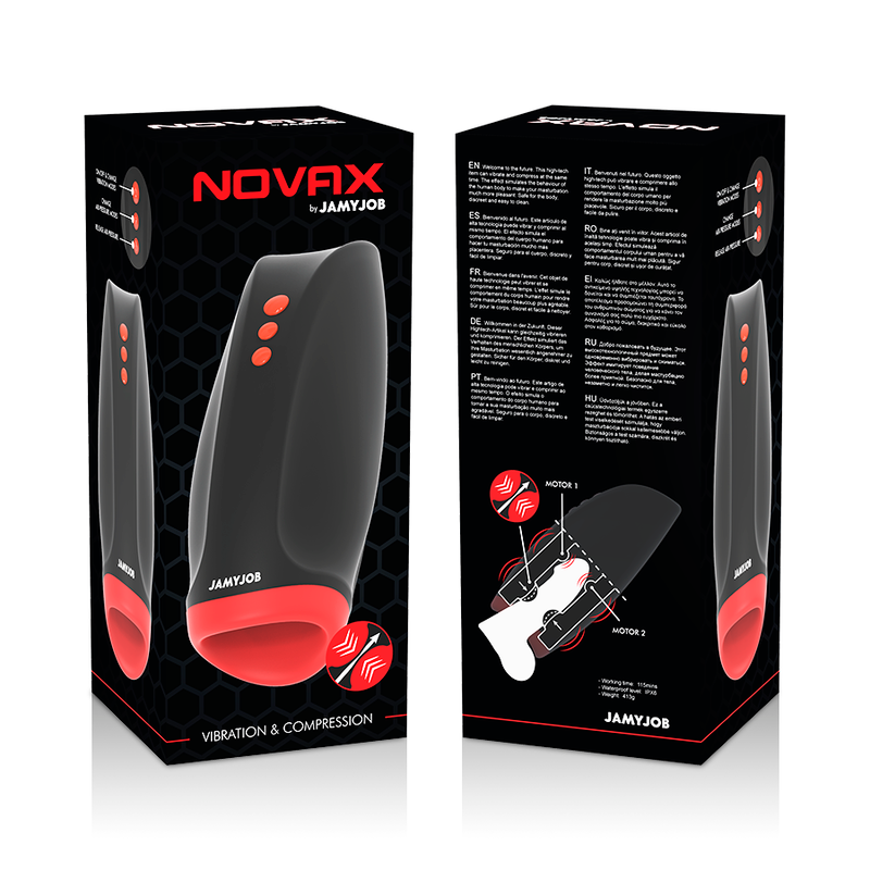 Masuratore JAMYJOB Novax con vibrazione e compressione, mostra i dettagli del dispositivo in primo piano.