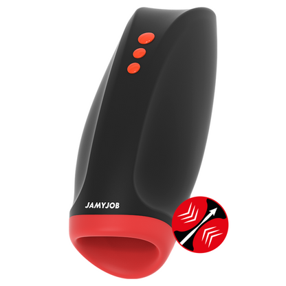 Mascherina masturbatore Jamyjob Novax con vibrazione e compressione, dettagli interno e esterno del dispositivo.