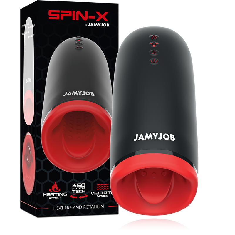 Masturbatore riscaldante e rotante Spin-X di JAMYJOB, dispositivo per adulti con funzioni di riscaldamento e rotazione.