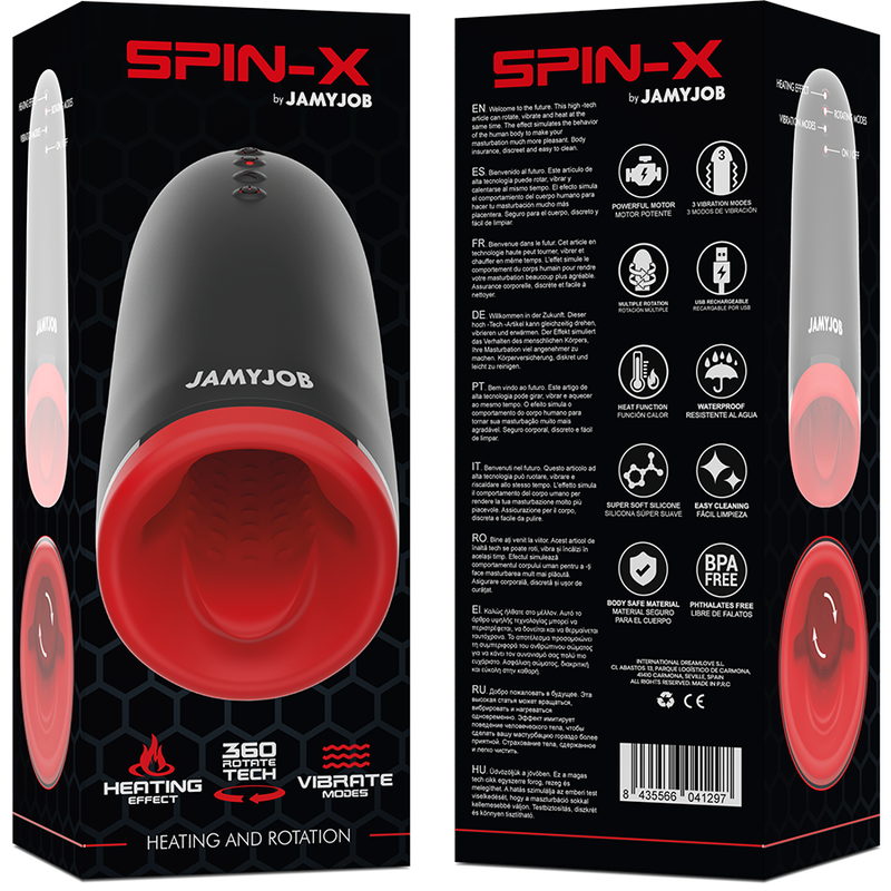 Masturbatore riscaldante e rotante Spin-X di JAMYJOB, dispositivo per adulti con funzione di riscaldamento e rotazione.