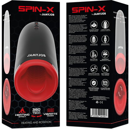 Masturbatore riscaldante e rotante Spin-X di JAMYJOB, dispositivo per adulti con funzione di riscaldamento e rotazione.