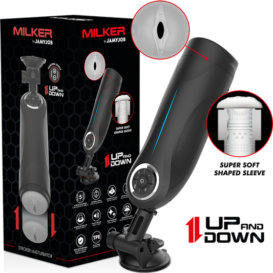 Stimolatore masturbatore JAMYJOB MILKER STROKER con funzione su e gi, in silicone nero, dettagli realistici e design ergonomico.