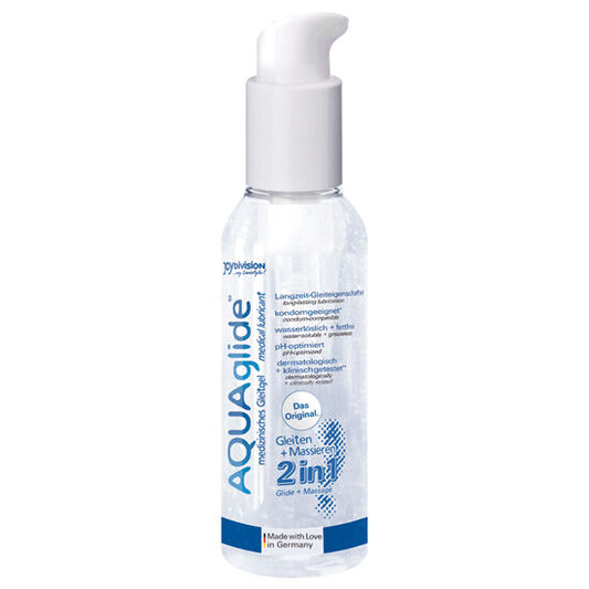 Gel massaggi JOYDIVISION AQUAGLIDE 2 in 1, 125ml, con formula idratante e lubrificante, visibile nella confezione.