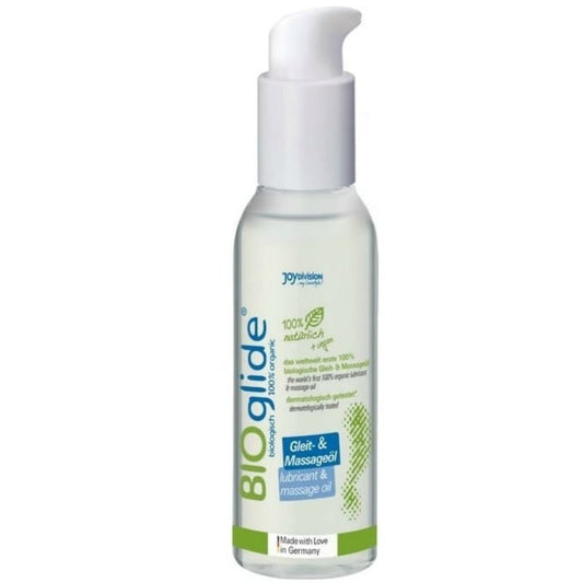 Lubrificante e olio da massaggio biologico JOYDIVISION BIOGLIDE, bottiglia da 125 ml, etichetta con logo e dettagli del prodotto.