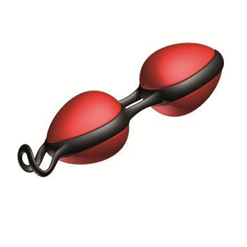 Sfere cinesi segrete JOYDIVISION JOYBALLS nere e rosse, morbide e lisce, usate per esercizi di Kegel e benessere intimo femminile.