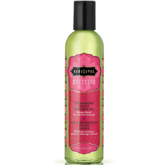 Olio da massaggio Kamasutra Naturals alla fragola, 236 ml, bottiglia con etichetta rosa e dettagli floreali.