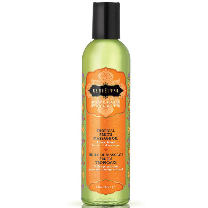 Olio da massaggio Kamasutra Naturals Frutta Tropicale in bottiglia da 236ml, con frutti tropicali e texture liscia.