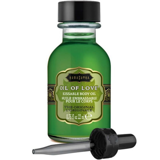 Olio alimentare Kamasutra originale in bottiglia da 22 ml, con etichetta e dettagli del prodotto visibili.