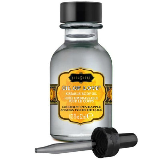 Bottiglia di olio alimentare Kamasutra con cocco e ananas da 22 ml, con etichetta colorata e tappo a vite.