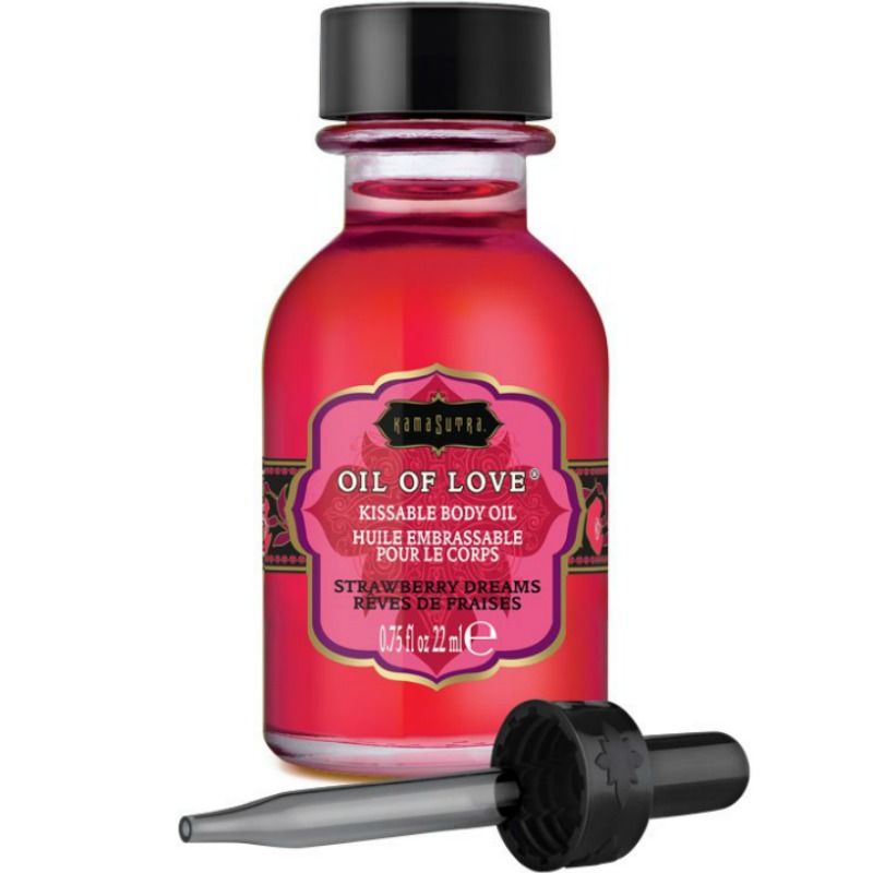 Olio alimentare alla fragola Kamasutra Cosmetics in bottiglia da 22 ml, con etichetta colorata e tappo trasparente.