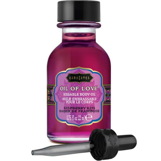 Olio alimentare al lampone Kamasutra Cosmetics, bottiglia da 22 ml con etichetta colorata e tappo nero.