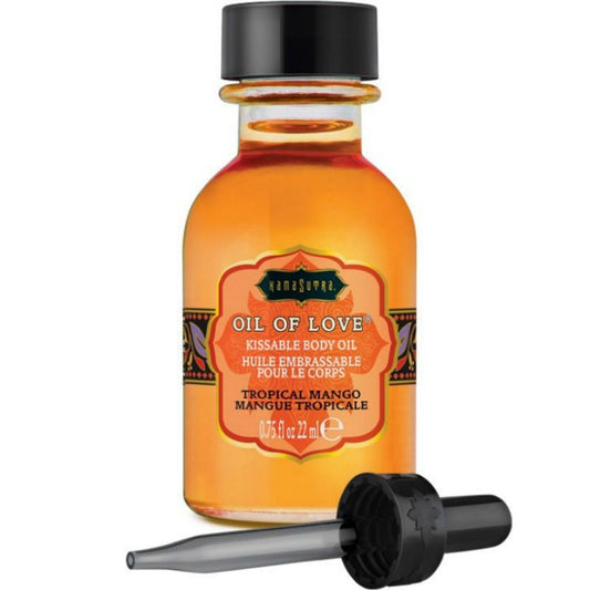 Olio alimentare al mango Kamasutra Cosmetics, bottiglia da 22 ml con etichetta colorata e tappo in plastica.