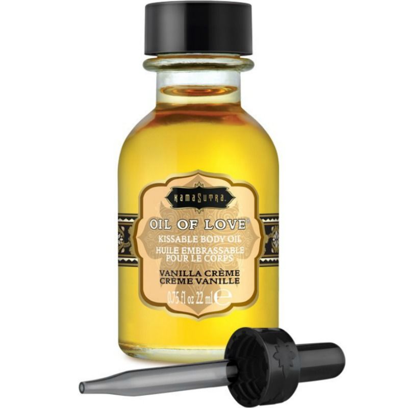 Olio alimentare Kamasutra Vanilla da 22 ml, bottiglia con etichetta e contenuto ambrato, per uso culinario e aromatizzazione.