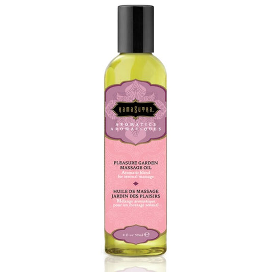 Olio da massaggio Kamasutra Garden of Pleasure di Kamasutra Cosmetics, bottiglia da 59 ml con etichetta colorata e tappo nero