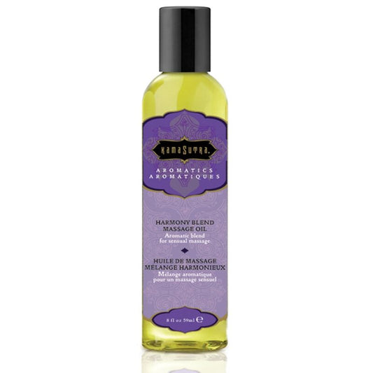 Olio da massaggio Kamasutra Cosmetics Miscela Armonica, bottiglia da 59 ml con etichetta blu e bianca, ideale per massaggi rilassanti.