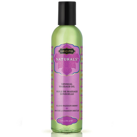 Olio da massaggio naturale Kamasutra Bacca della Passione, 236 ml, bottiglia con etichetta colorata e tappo nero.
