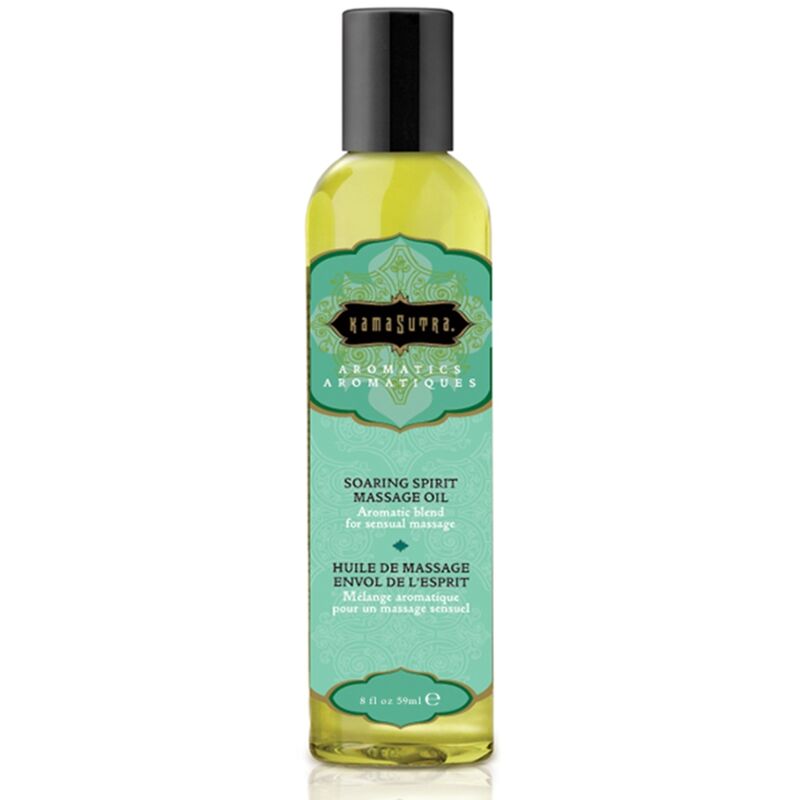 Olio da massaggio Kamasutra Spirito Soaring di Kamasutra Cosmetics, flacone da 59 ml con etichetta colorata e tappo trasparente.
