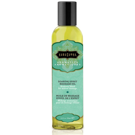 Olio da massaggio Kamasutra Spirito Soaring di Kamasutra Cosmetics, flacone da 59 ml con etichetta colorata e tappo trasparente.