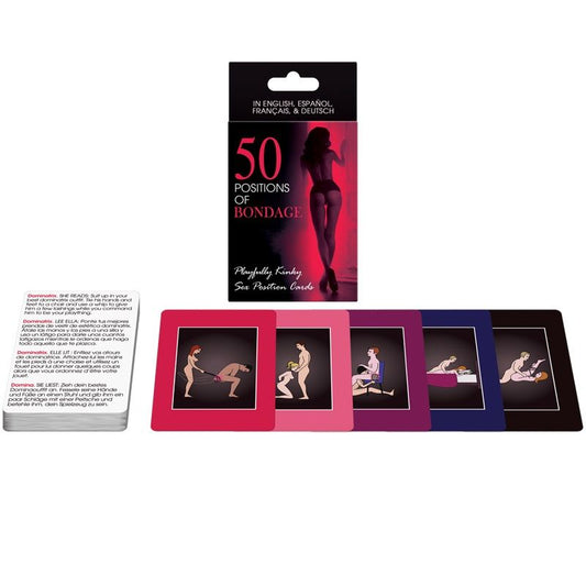Set di carte bondage Kheper Games con 50 pose diverse, illustrate con dettagli artistici e simboli per giochi di ruolo e restrizioni