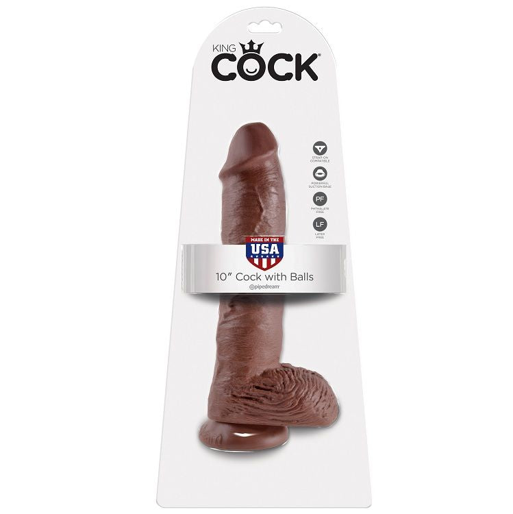 Dildo marrone KING COCK con sfere, lunghezza di 25,4 cm, dettagli realistici, materiale di alta qualità.