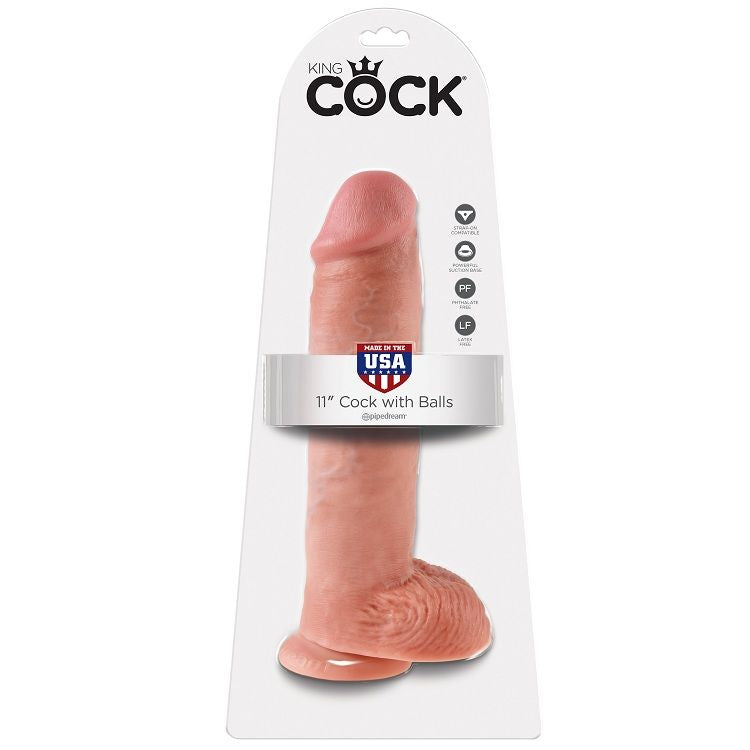 Dildo KING COCK in carne con sfere, lungo 28 cm, con dettagli realistici e sfere alla base, immagine del prodotto.