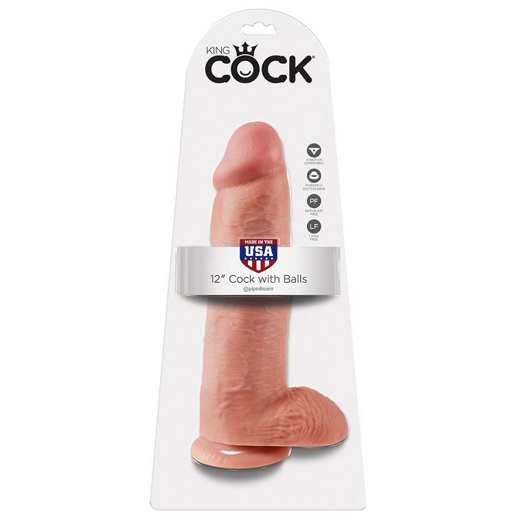 Dildo King Cock in colore flesh con sfere, lungo 30,48 cm, dettagli realistici e texture morbida, per uso intimo.