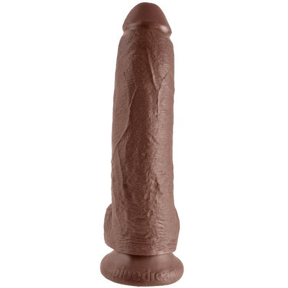 Dildo marrone KING COCK con sfere, lunghezza 22,9 cm, realizzato in silicone, con dettagli realistici e texture.