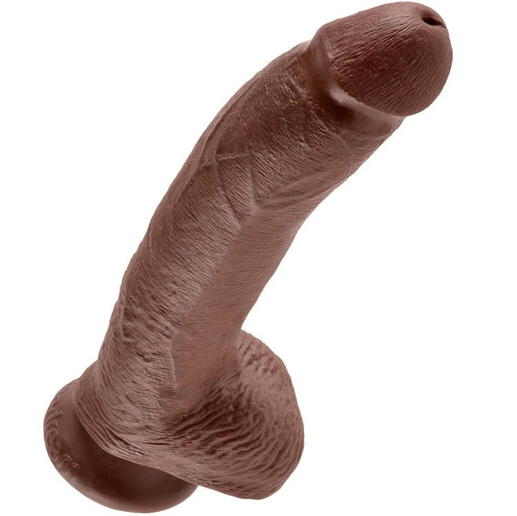 Dildo marrone KING COCK con sfere, lunghezza 22,9 cm, visibile immagine con dettagli realistici e texture.