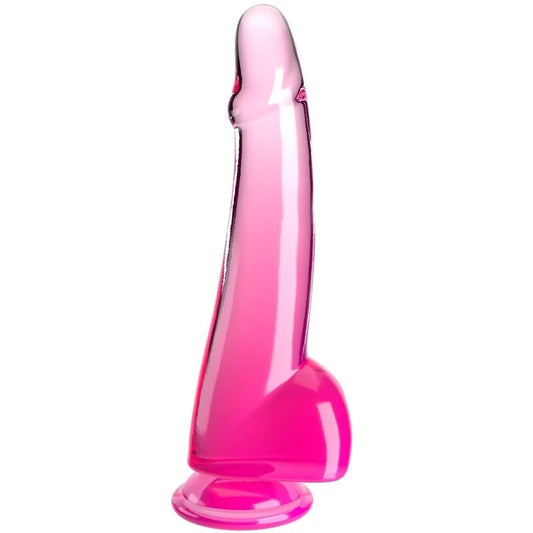 Dildo KING COCK trasparente con testicoli, lunghezza di 19 cm, in silicone rosa, dettagli realistici e texture liscia.