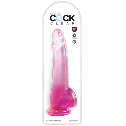 Dildo rosa trasparente KING COCK con testicoli, lungo 19 cm, realizzato in materiale realistico e dettagliato.