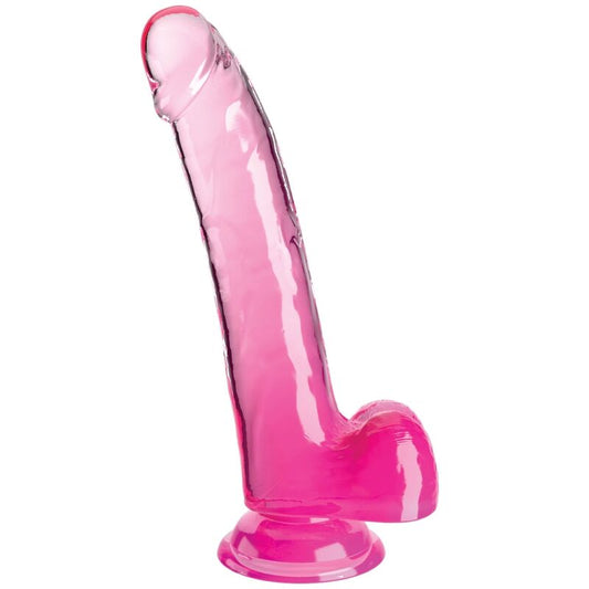 Dildo trasparente KING COCK con testicoli rosa, lunghezza di 20,3 cm, dettagli realistici e texture visibile.