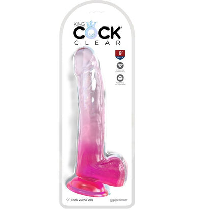 Dildo KING COCK trasparente con testicoli, 20,3 cm, in silicone rosa, dettagli realistici e texture naturale.