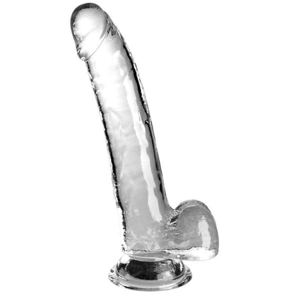 Dildo trasparente KING COCK con testicoli, lunghezza di 20,3 cm, dettagli realistici e superficie liscia.