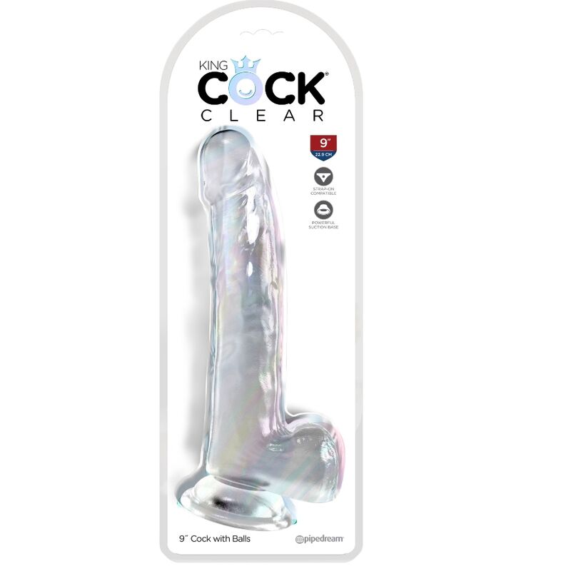 Dildo trasparente KING COCK con testicoli, lunghezza 20,3 cm, dettagli realistici e superficie liscia in immagine.