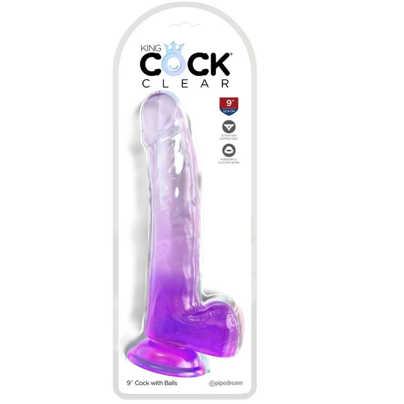 Dildo KING COCK trasparente viola con testicoli, lungo 20.3 cm, dettagli realistici e superficie liscia.