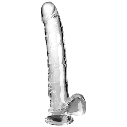 Dildo trasparente KING COCK con testicoli, lungo 24,8 cm, dettagli realistici e superficie liscia in immagine.