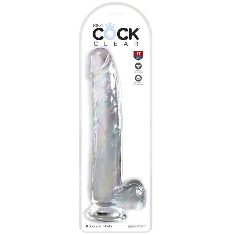 Dildo trasparente KING COCK con testicoli, lunghezza di 24,8 cm, dettagli realistici e superficie liscia, prodotto per adulti.
