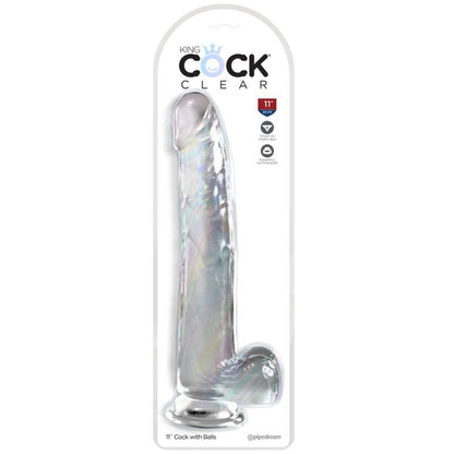 Dildo trasparente KING COCK con testicoli, lunghezza di 24,8 cm, dettagli realistici e superficie liscia, prodotto per adulti.