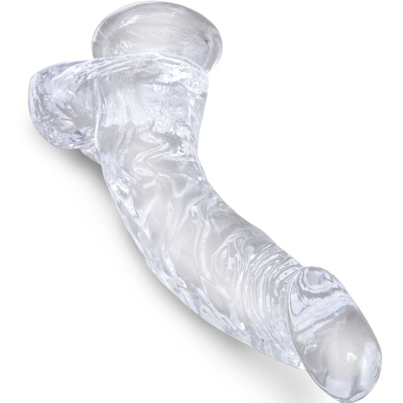 Penis realistico trasparente KING COCK, modello curvo con sfere, lungo 16,5 cm, con dettagli realistici e superficie trasparente.
